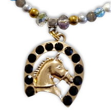 Blue Agate Crystal Horseshoe Necklace with gold-plated horseshoe and horse head pendant featuring black crystals.