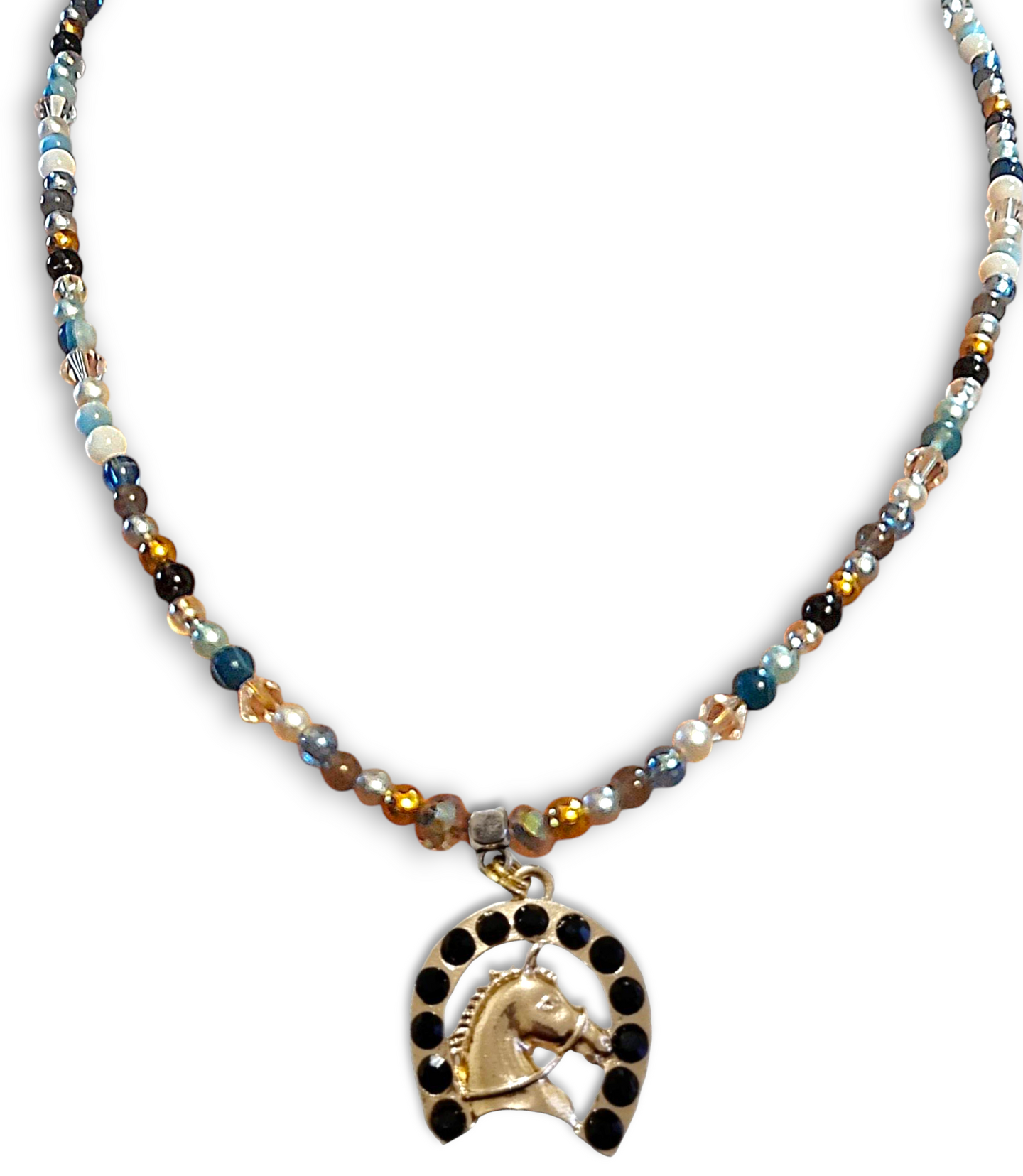 Blue Agate Crystal Horseshoe Necklace with beads and gold plated horseshoe pendant featuring black crystals.