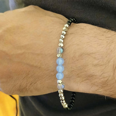 Blue Chaldoney Silver Beaded Bracelet with Clear Blue Crystals on wrist.