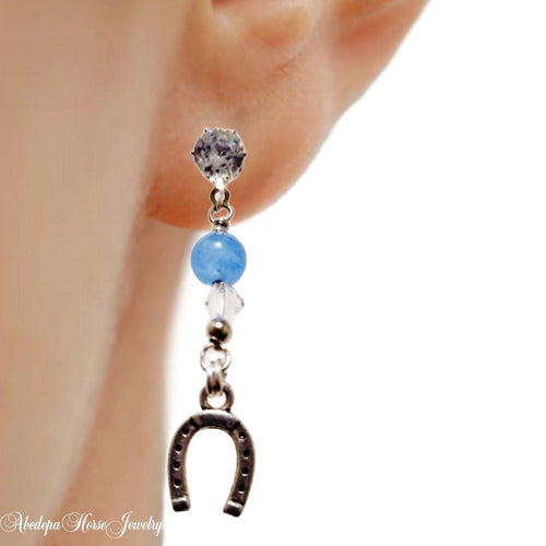 Blue Aquamarine Crystal Horseshoe Earrings - with gemstones and silver charm.