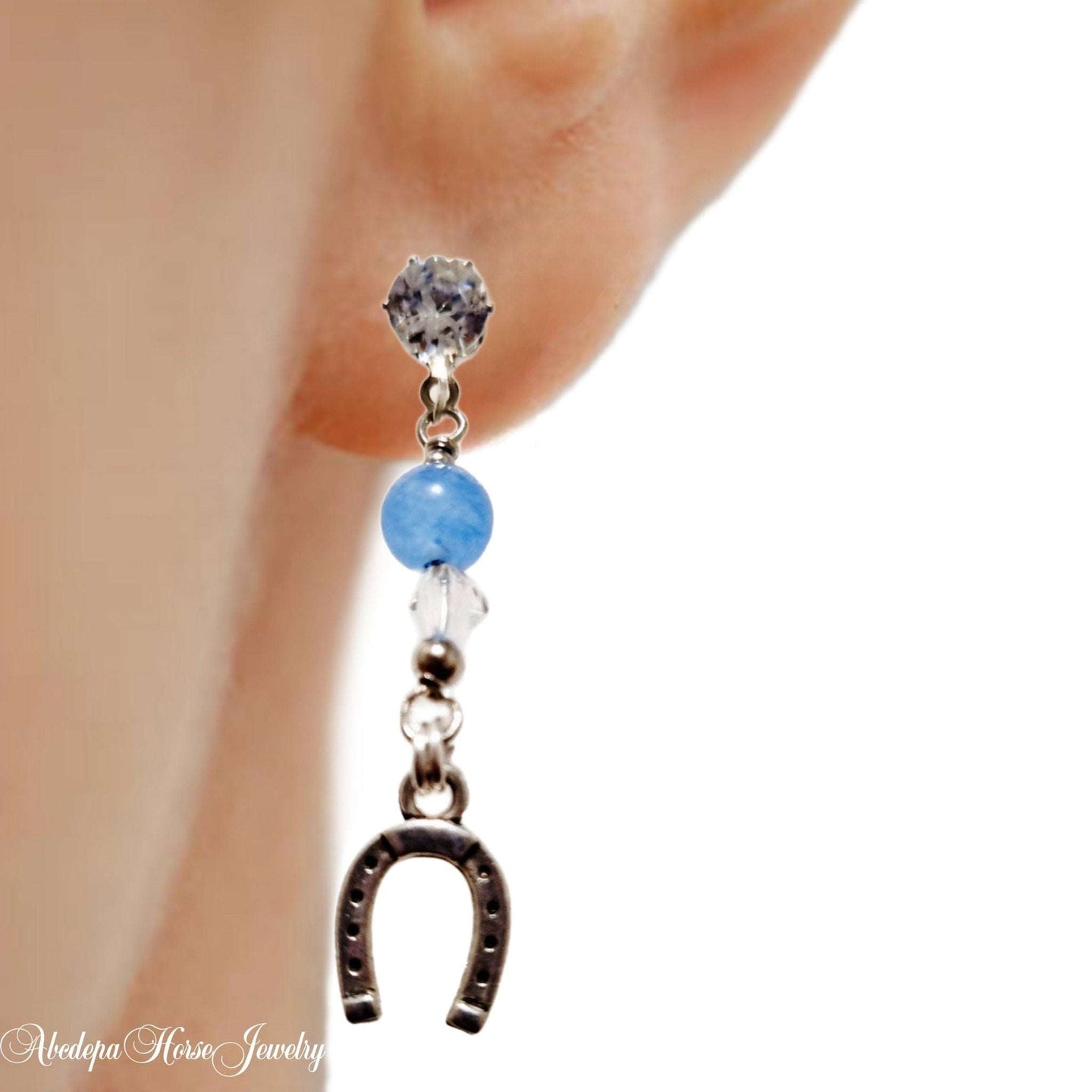 Blue Aquamarine Crystal Horseshoe Earrings - with gemstones and silver charm.