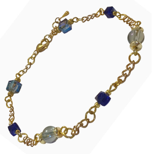 Blue Cube Round Crystal Gold Chain Bracelet - AbcdepaHorseJewelry