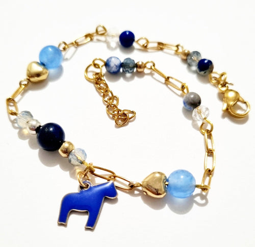 Blue Gemstone Beaded Linked Horse Charms Bracelet - AbcdepaHorseJewelry