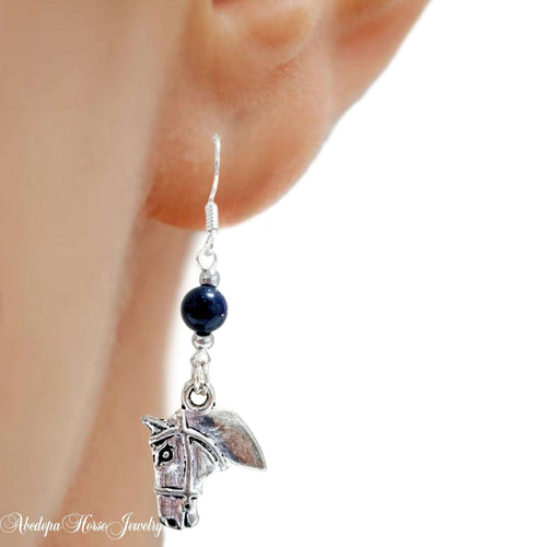 Blue Sandstone Silver Horsehead Earrings with gemstone beads and silver horsehead design.