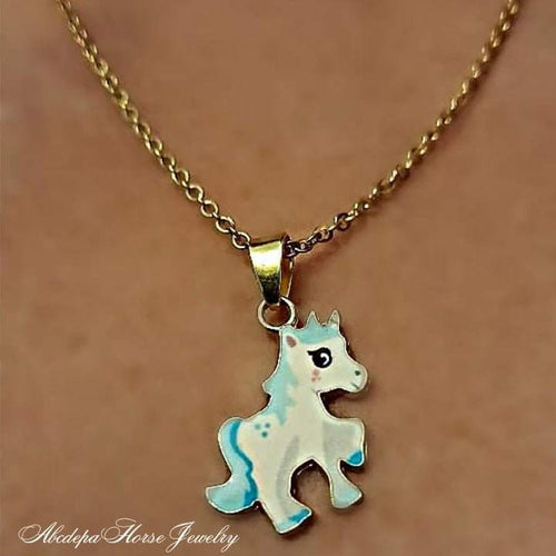 Blue and white pony necklace with gold plated chain.