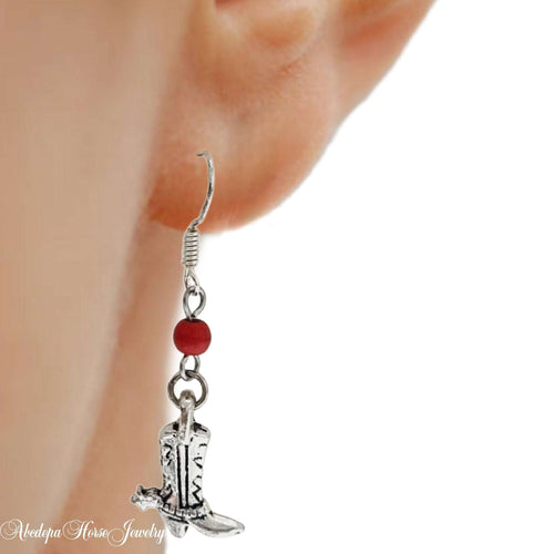 Boots With Spurs Silver Red Turquoise Bead Earrings - featuring red turquoise bead and antique silver horse riding boot design.