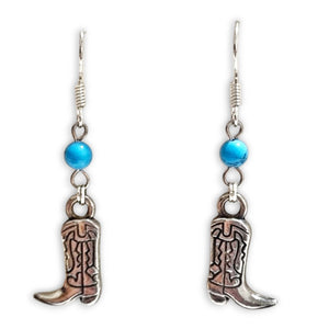 Boots Turquoise Bead Silver Earrings with Horse Riding Boot Design and 925 Silver Hooks.