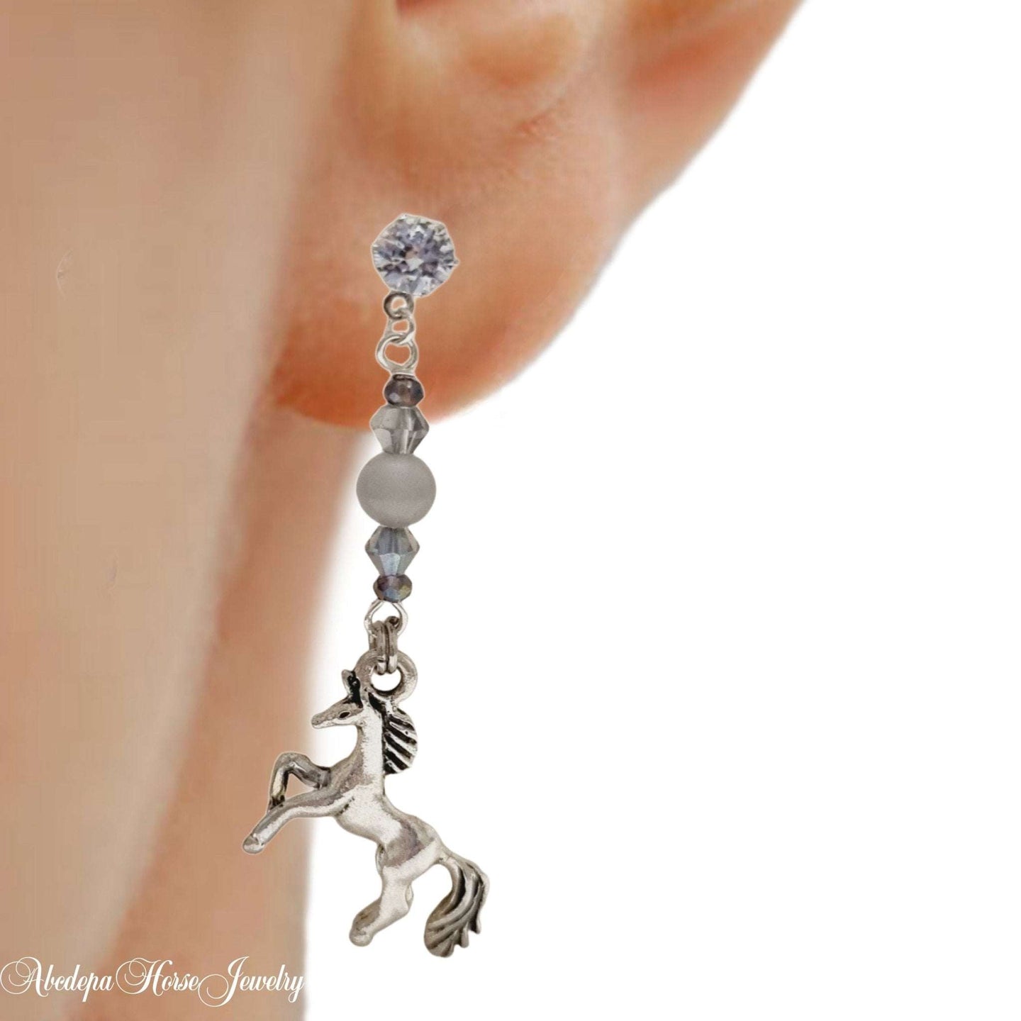 Catseye Crystal Silver Horse Earrings with diamonte studs and horse charm.