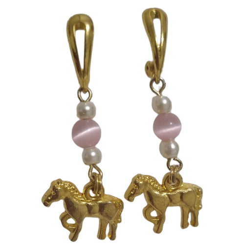 Gold overlay equestrian earrings with horse charm, pink catseye, and pearl beads.