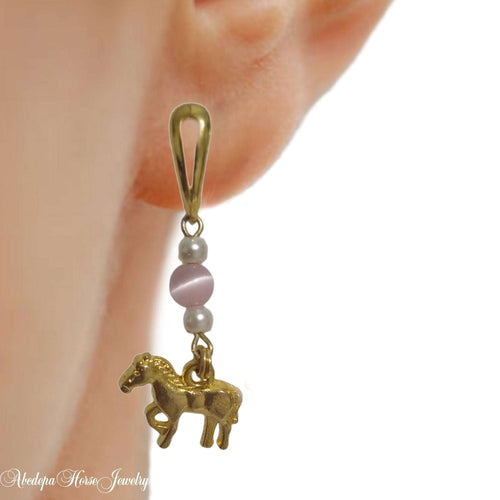 Catseye Pony Gold Earrings - with pink catseye and pearl beads hanging from a gold horse charm.