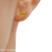 Chihuahua dog earrings in gold stainless steel, hypoallergenic studs with metal and rubber backs.