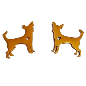 Chihuahua dog earrings, gold stainless steel studs, hypoallergenic, 1cm, with jewelry bag.