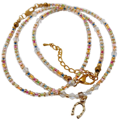 Colorful Beaded Necklace with Tiny Horseshoe Pendant -pink seed beads and clear bicone crystals, 45cm choker.