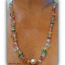 Colorful quartz necklace with pearl and silver hematite beads on stainless steel chain.