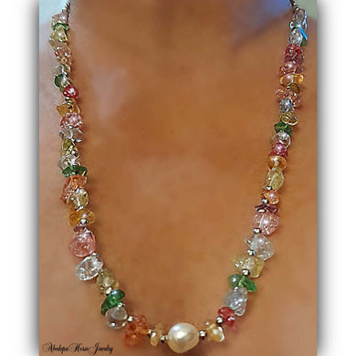 Colorful quartz necklace with pearl and silver hematite beads on stainless steel chain.