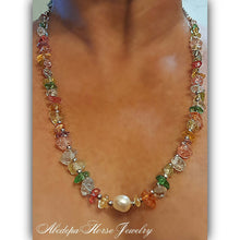 Colorful Quartz Necklace with pearl and silver hematite beads on stainless steel chain.