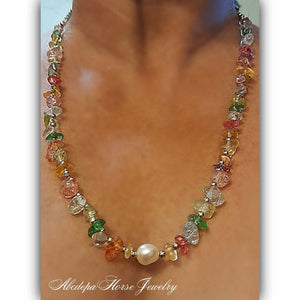 Colorful Quartz Necklace with silver hematite beads and pearl on stainless steel chain.