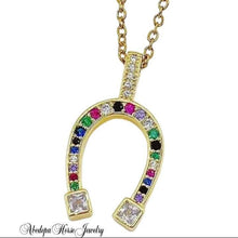 Colourful Horseshoe Gold Pendant Necklace with stones and 50cm chain.