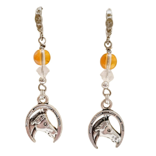 Crystal Horseshoe Horsehead Earrings with champagne bead and crystal accents.