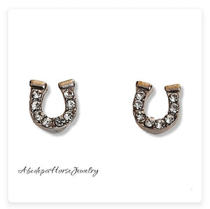 Crystal Horseshoe Studs with tiny crystal stones, silver design, and comfort backings.