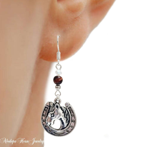 Crystal Red Tigerseye Bead Horse Earrings with Silver 925 Hook and Horseshoe Charm.