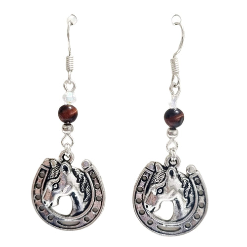 Crystal Red Tigerseye Bead Horse Earrings with Silver Horseshoe Charm and Bicone Accents.