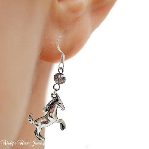 Crystal Rondell Horse Earrings with silver horse charm and pink shimmer crystal.