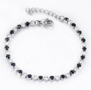 Silver tennis bracelet with black and clear cubic zirconia stones, 18cm, stainless steel.