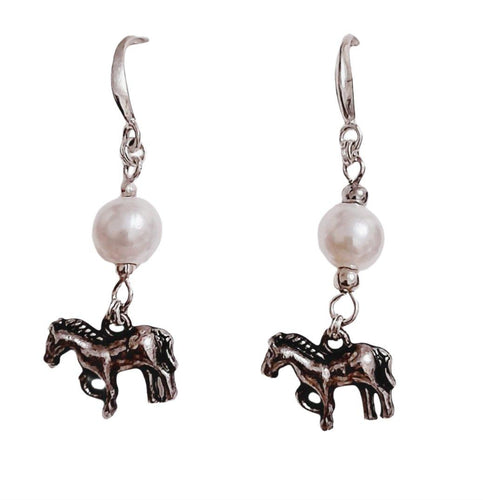 Dark Pony Pearl Earrings with silver ear wires and unique pony charm design.