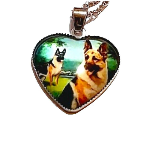 Handmade silver dog lovers necklace with German Shepherd photo pendant and glass loveheart cover.