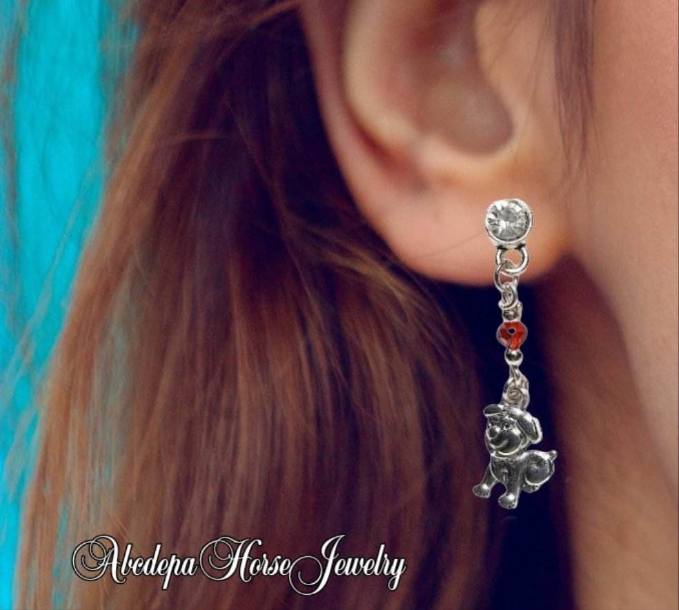 Handmade silver doggy dangle earrings with red rondelle crystal and antique puppy charm.