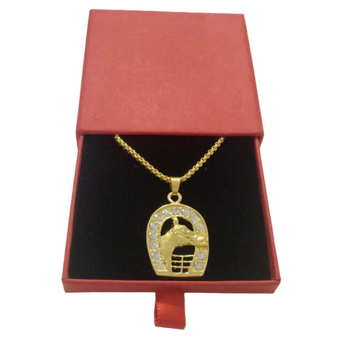 Ideal Pendant Necklace with horse head and horseshoe design in gift box.