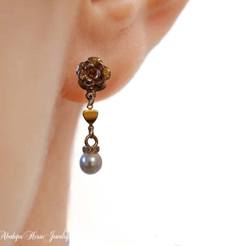 Flower Heart Pearl Earrings with gold flower design and pearl drop.