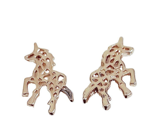 Geometical gold plated unicorn studs with unique pattern.