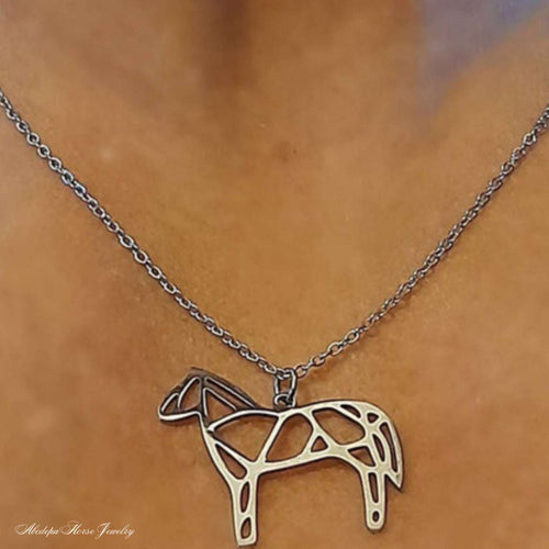 Geometrical standing silver horse pendant necklace for women and men.