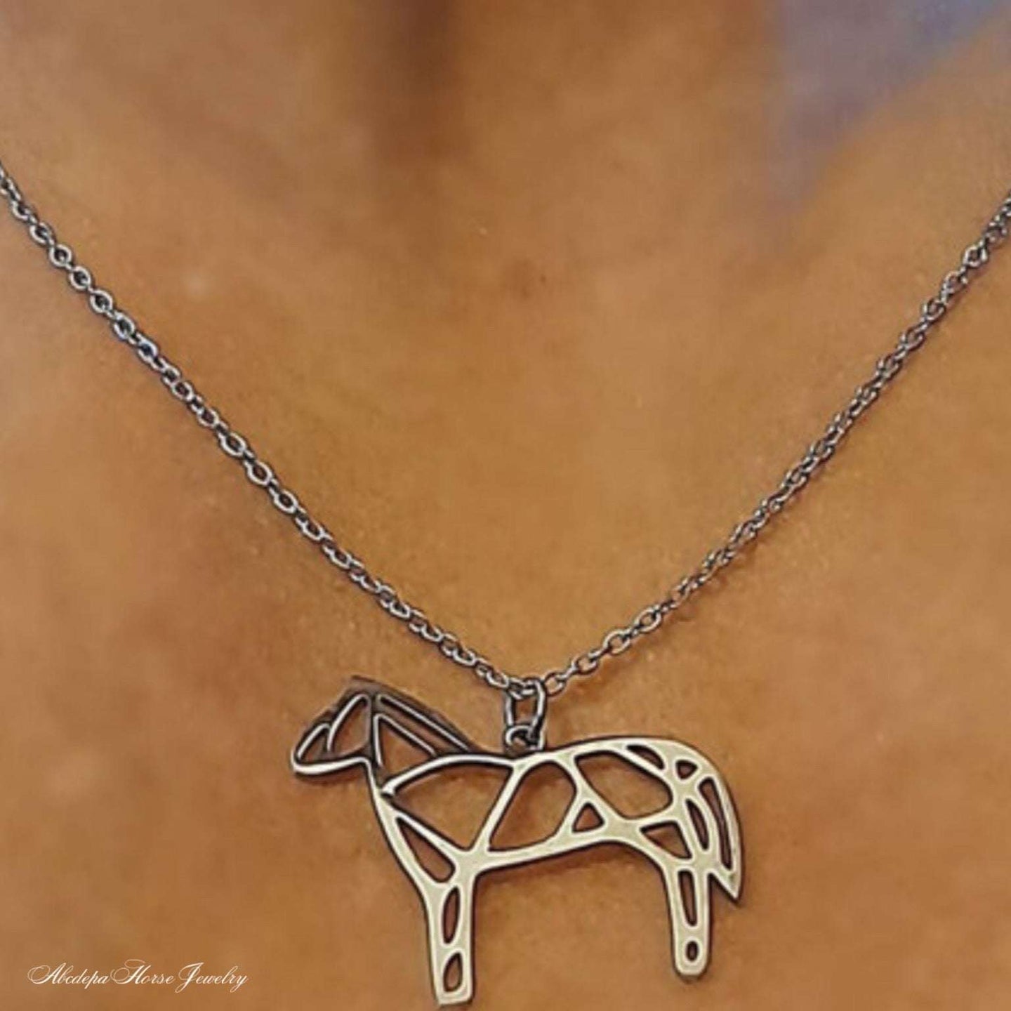 Geometrical standing silver horse pendant necklace for women and men.