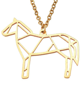 Geometric Standing Horse Necklace with gold stainless steel pendant and chain.