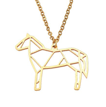 Geometric standing horse necklace with gold stainless steel pendant and chain.