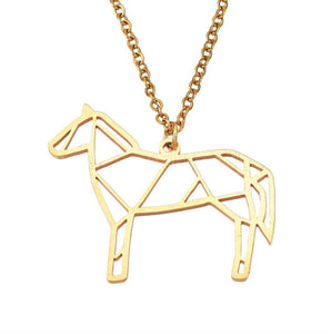 Geometric standing horse necklace with gold stainless steel pendant and chain.