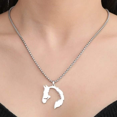 Girl and Horsehead Silver Pendant Necklace on model's neck.