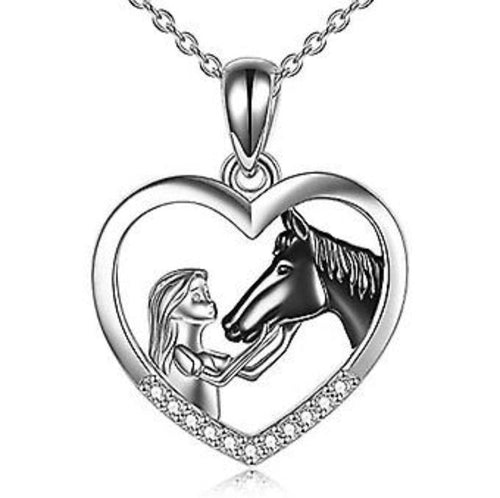 Girl Loveheart Black Horse Necklace with crystal heart and stainless steel chain.