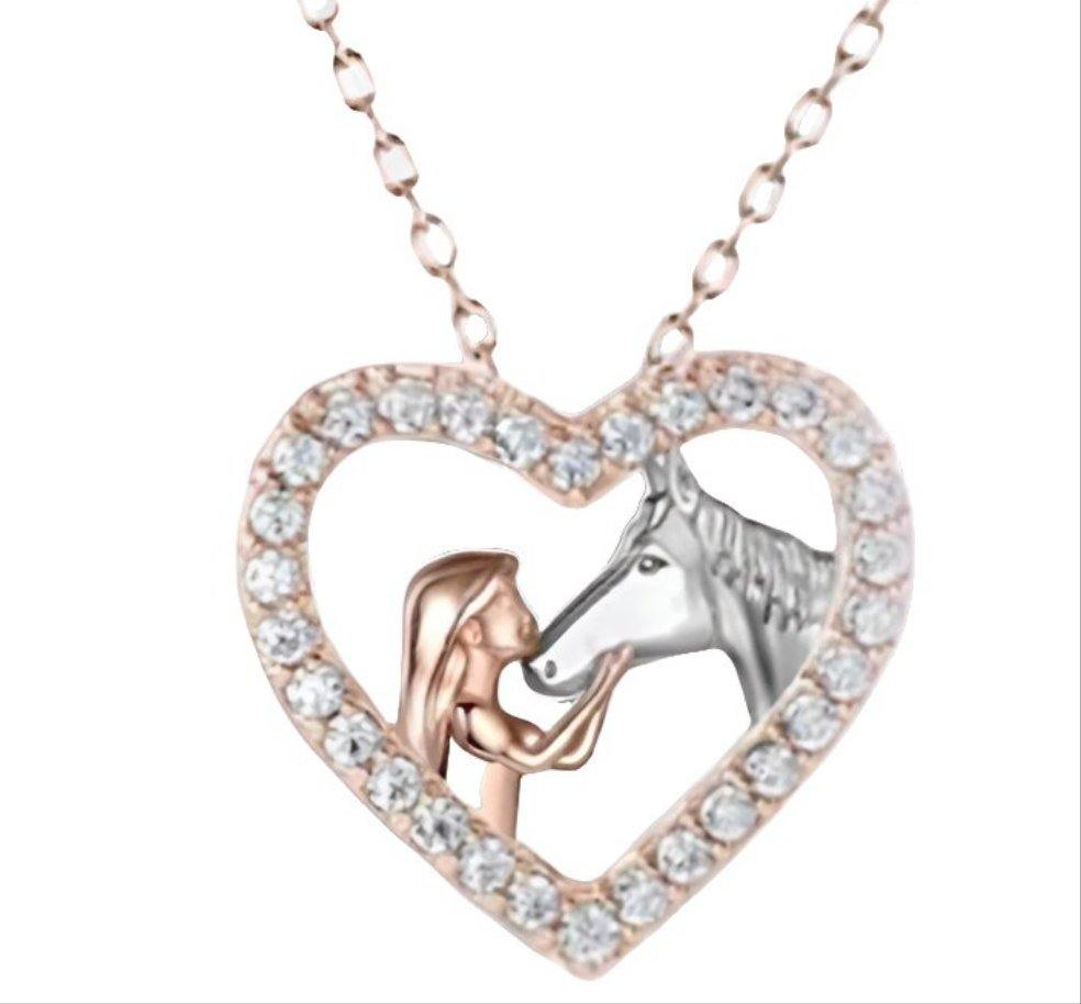 Girl with Pony Rose Gold Heart Necklace with girl and horse pendant.