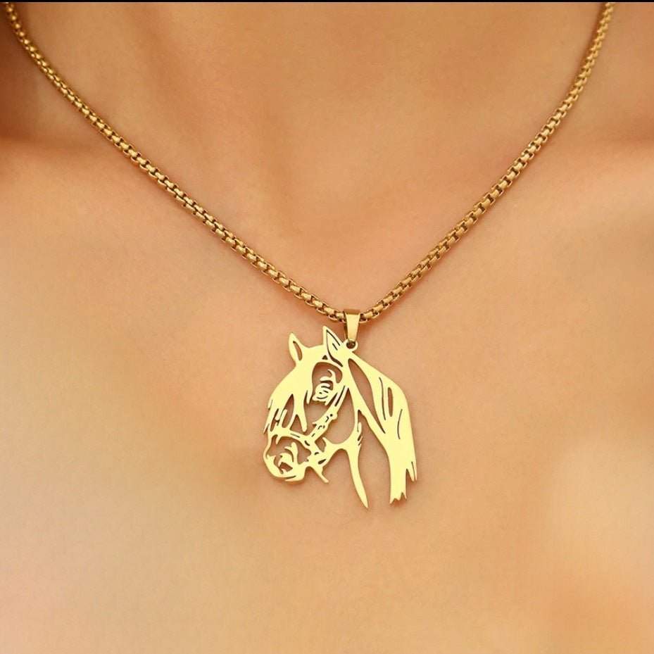 Gold Horse Head Necklace with stainless steel pendant on 3mm chain.