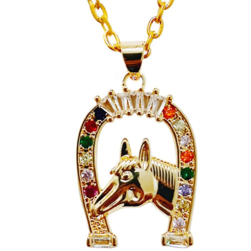 Horsehead Colorful Crystals Horseshoe Necklace -with gold horsehead design.