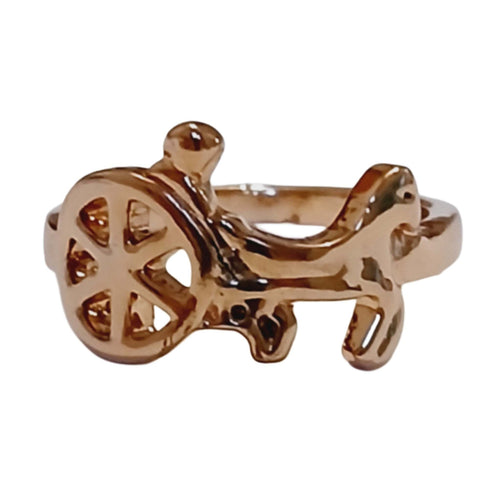 Gold plated horse and carriage ring, size 6, with detailed design and visible driver.