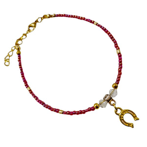 Gold Red Horseshoe Charm Beaded Bracelet - AbcdepaHorseJewelry