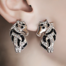 Black and white horse pony earrings with crystal stripes and metal backs.