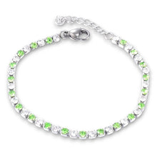 Green clear cubic zirconia tennis bracelet in stainless steel with lobster claw clasp.