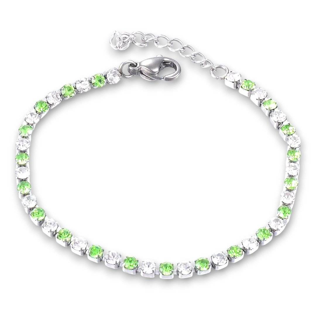 Green clear cubic zirconia tennis bracelet in stainless steel with lobster claw clasp.