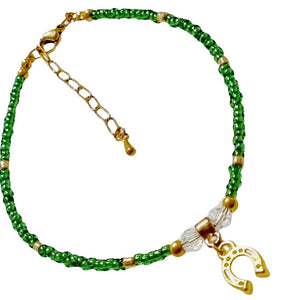 Green Seed Beaded Gold Horseshoe Bracelet - AbcdepaHorseJewelry